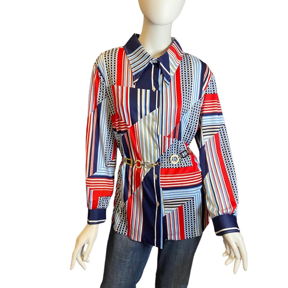Vintage 70s Blouse Size 1X Red White Blue